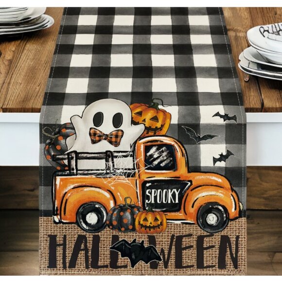 Halloween Table Runner Pumpkin Cottage Farmhouse Decor Fall Holiday Cloth 108" - Picture 1 of 5